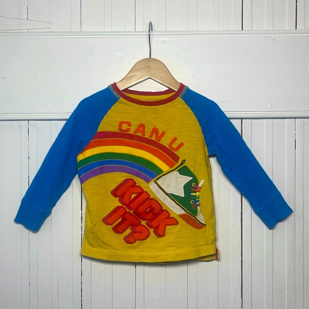 SAINSBURY’S TU 100% Cotton Rainbow Sneaker Appliqué Can U Kick It? Shirt